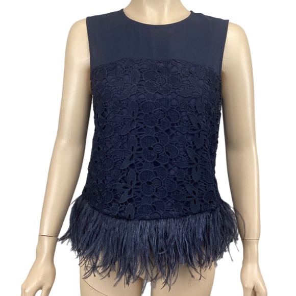 Anthropologie Greylin Navy Lace‎ Chiffon Sleeveless top SMALL Ostrich Feathers - Picture 5 of 10